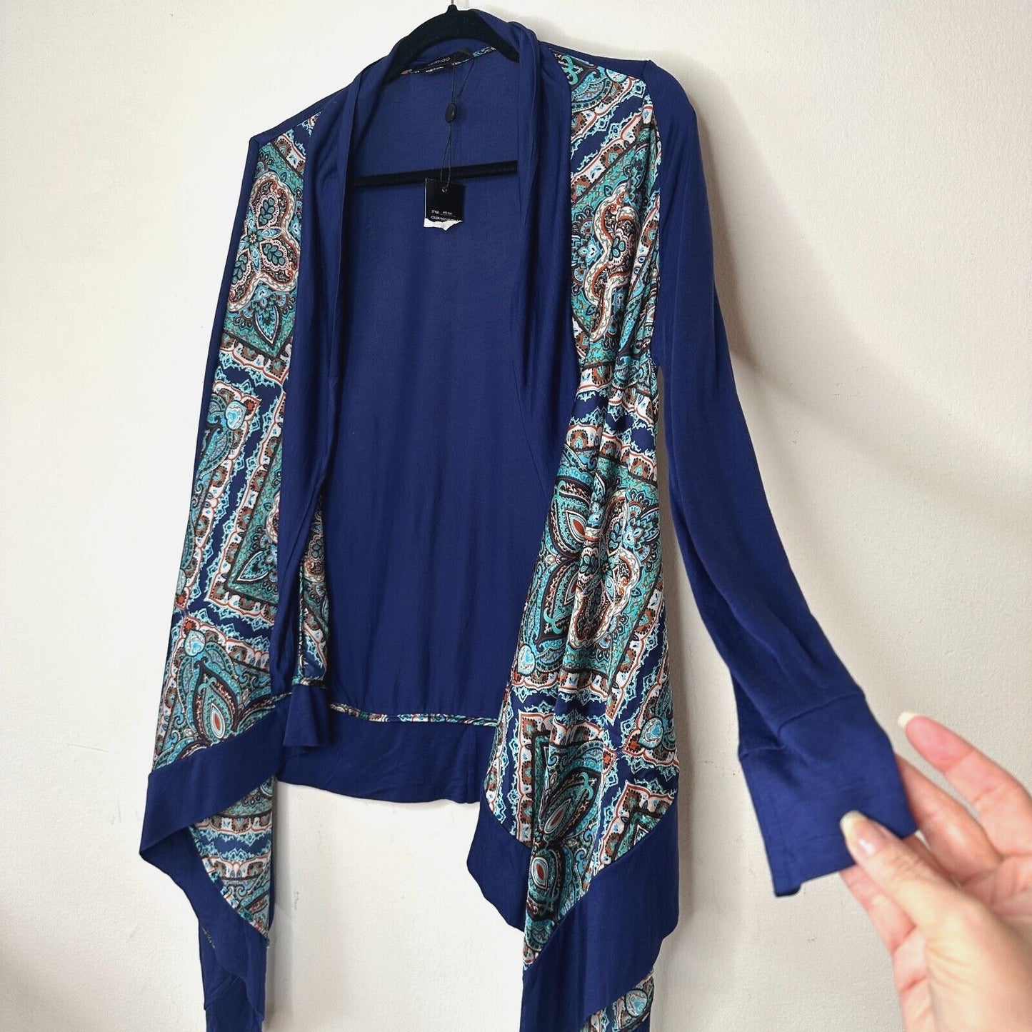 Vertigo Satin High Low Paisley Royal Blue Orange Long Sleeve Drape Cardigan S