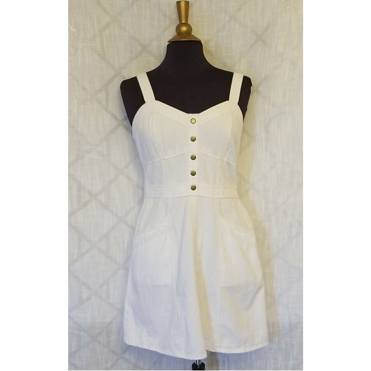 Japna White Denim Tan Stitch Bronze Snap Sweetheart Neck Pocket Mini Dress M