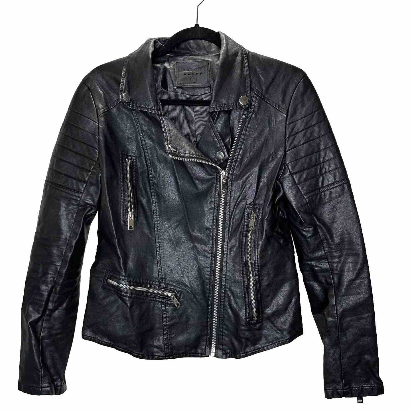 BlankNYC Black Faux Leather Zip Moto Jacket Quilted Shoulders & Back Design SM