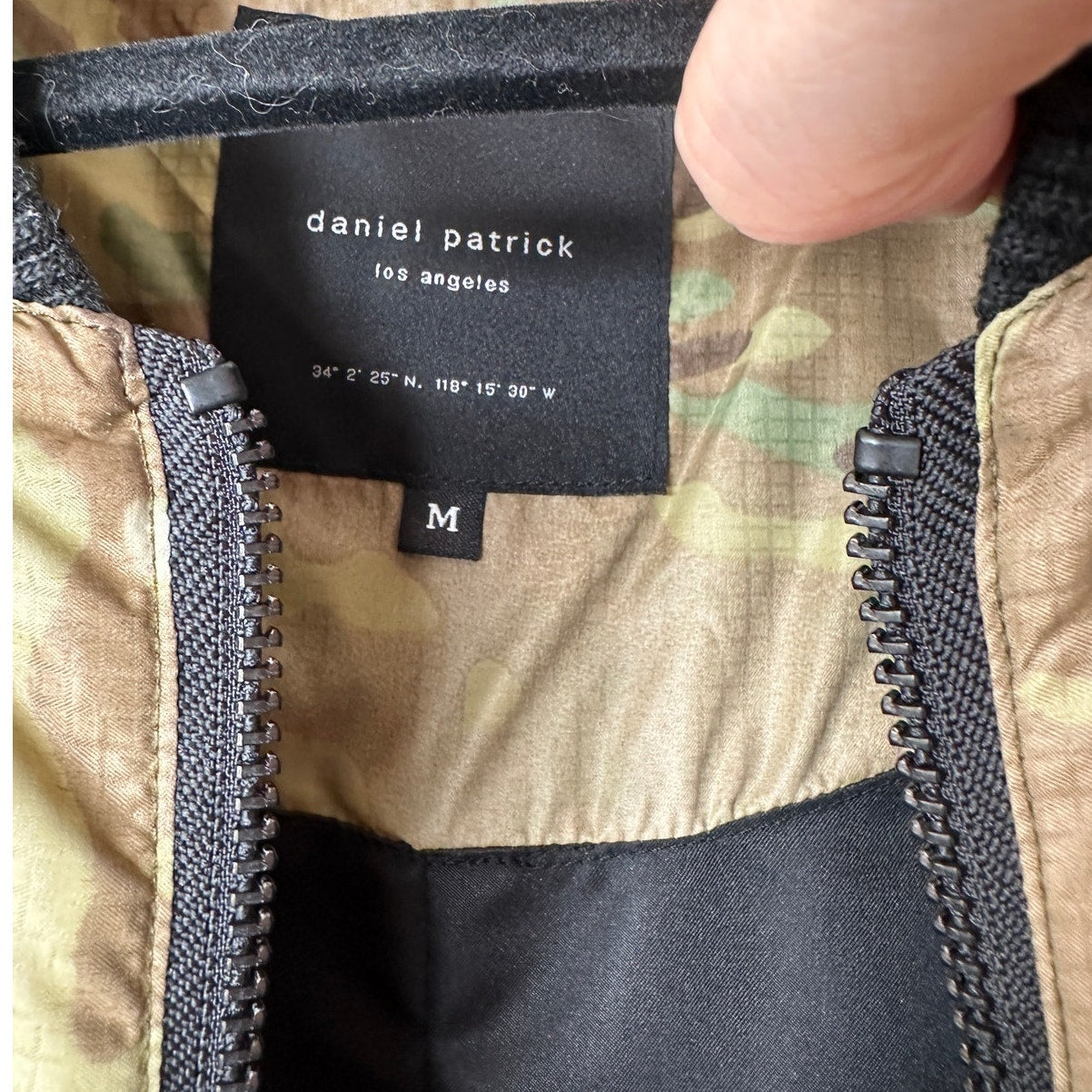 Daniel Patrick Olive Camo Front Split Zip Satin Long Sleeve Bomber Jacket M