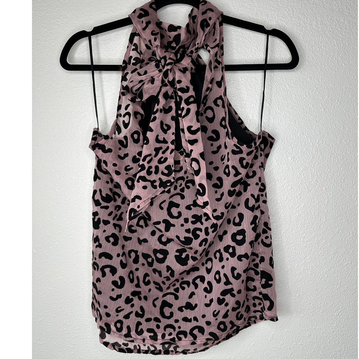 Bishop + Young Dusty Pink & Black Cheetah Print Tie Neck Blouse S