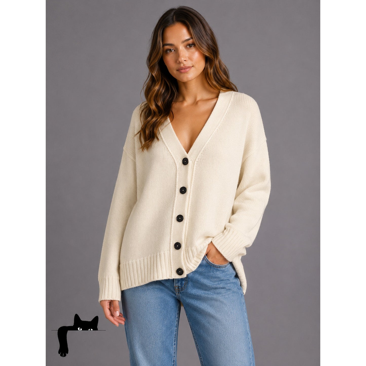 Jil Sander Cream V-Neck Button Long Sleeve Knit Sweater 40 / 8