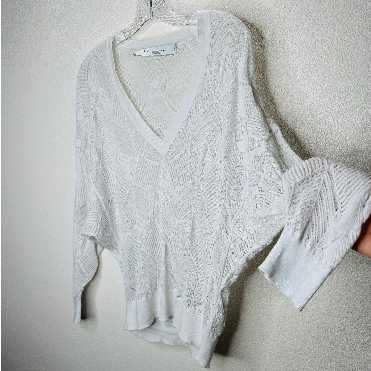 IRO Dusk White Crochet V Neck Lightweight Sweater Dolman Sleeves XS
