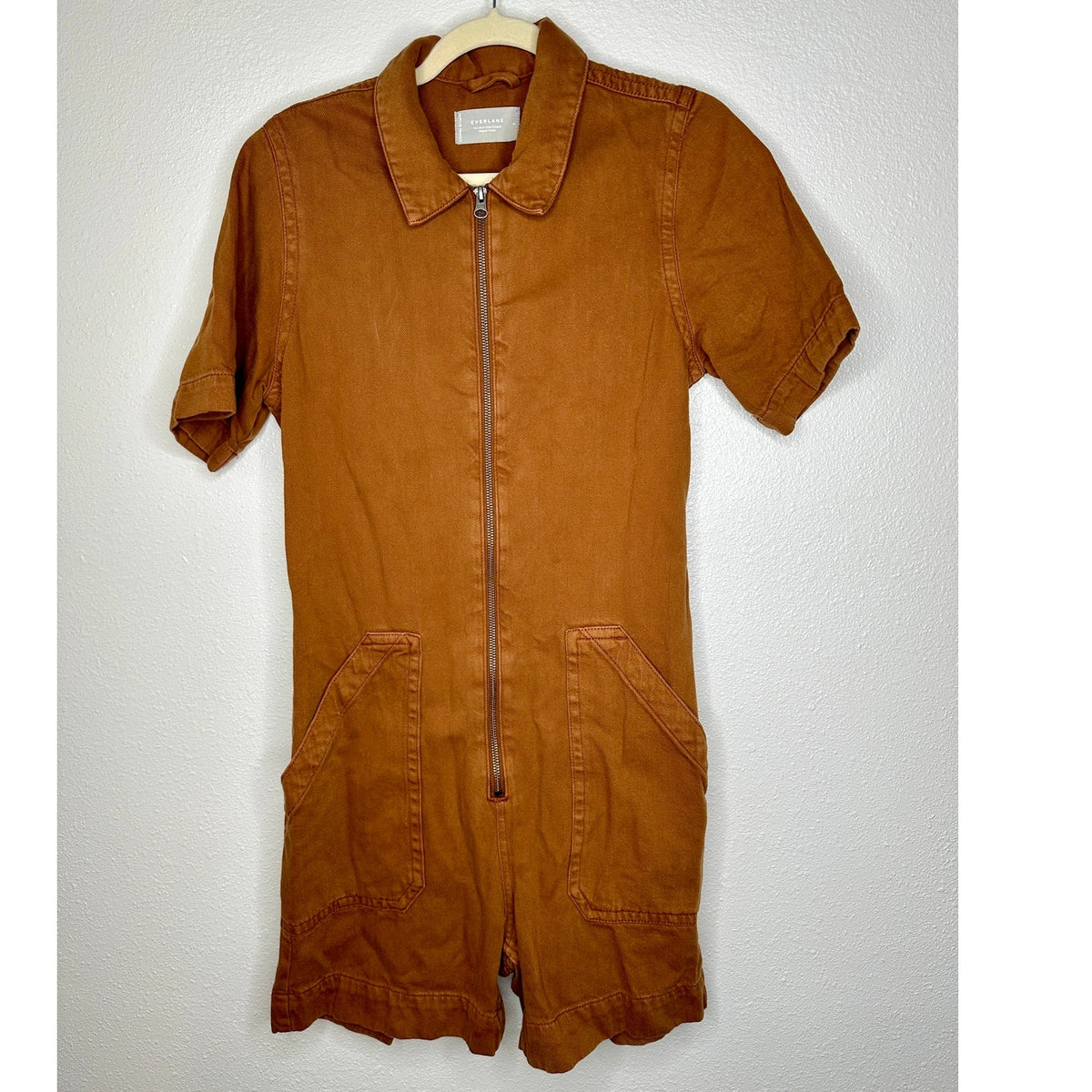 Everlane The Denim Short Coverall Organic Cotton Brown Rust Romper 6