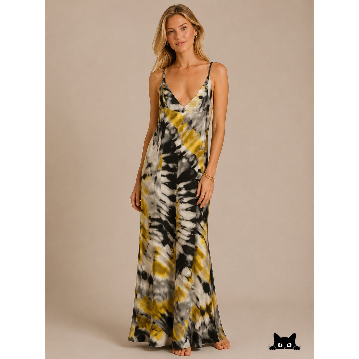 Chloe Silk Slip Maxi Dress Black Gray Yellow MultiColor Tie Dye abstract sz 2