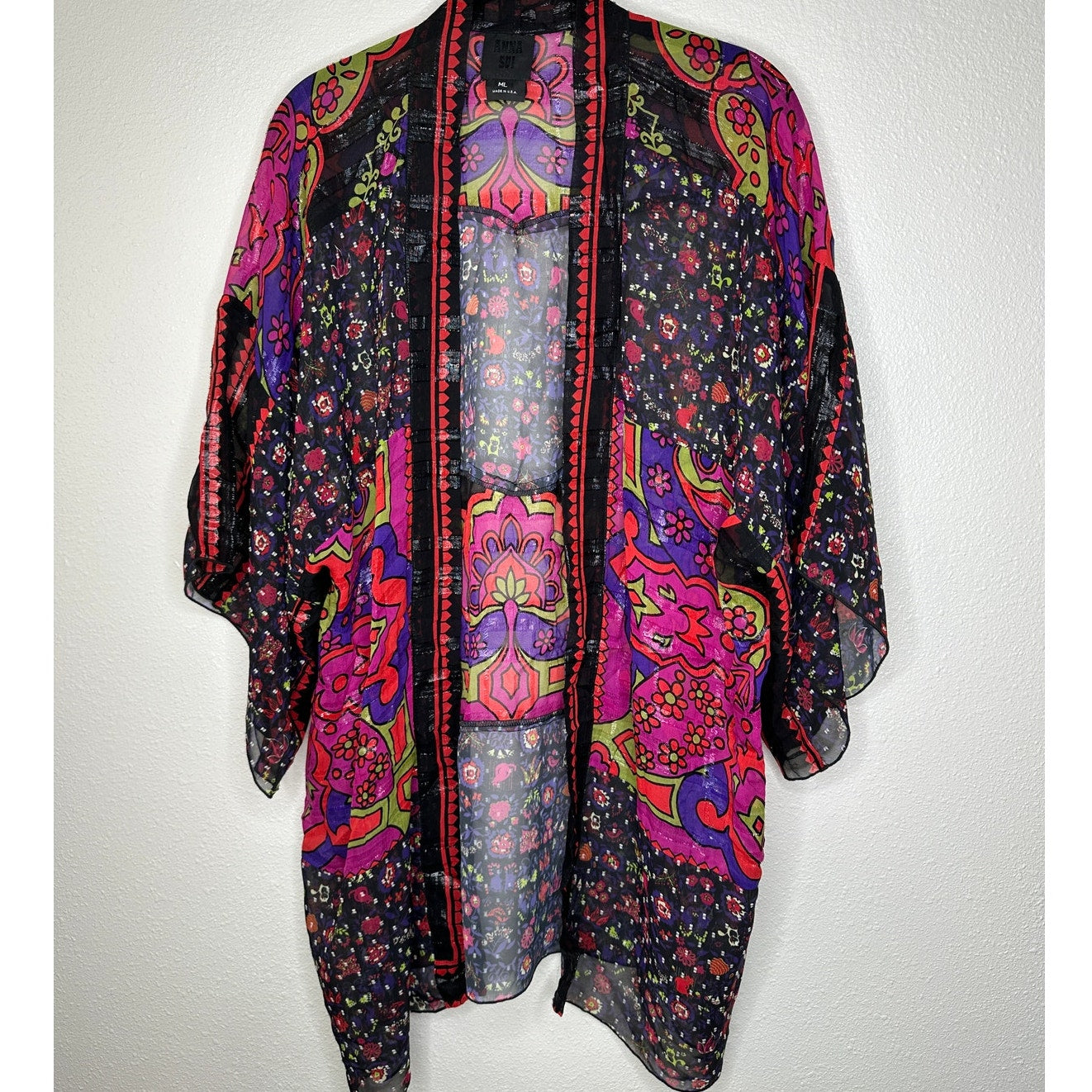 Anna Sui Multicolor Pink Black Purple Sheer Shimmer Floral Paisley Kimono M / L