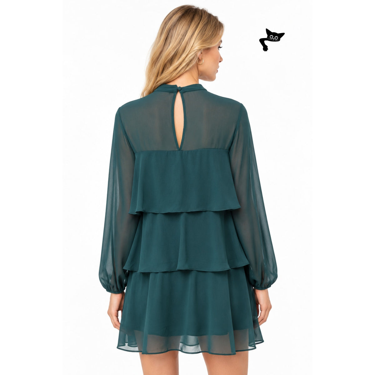 NWT Zara Green Chiffon Tiered Ruffle Long Sleeve Mini Dress Women's US S