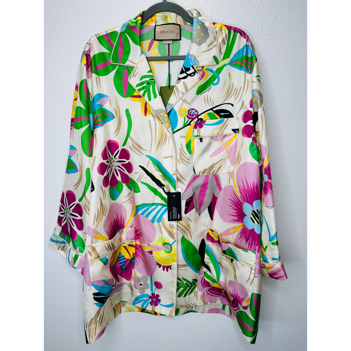 NWT Gucci Silk Tan Pink Blue Multi Floral Leaf Printed Blouse 46 / XL