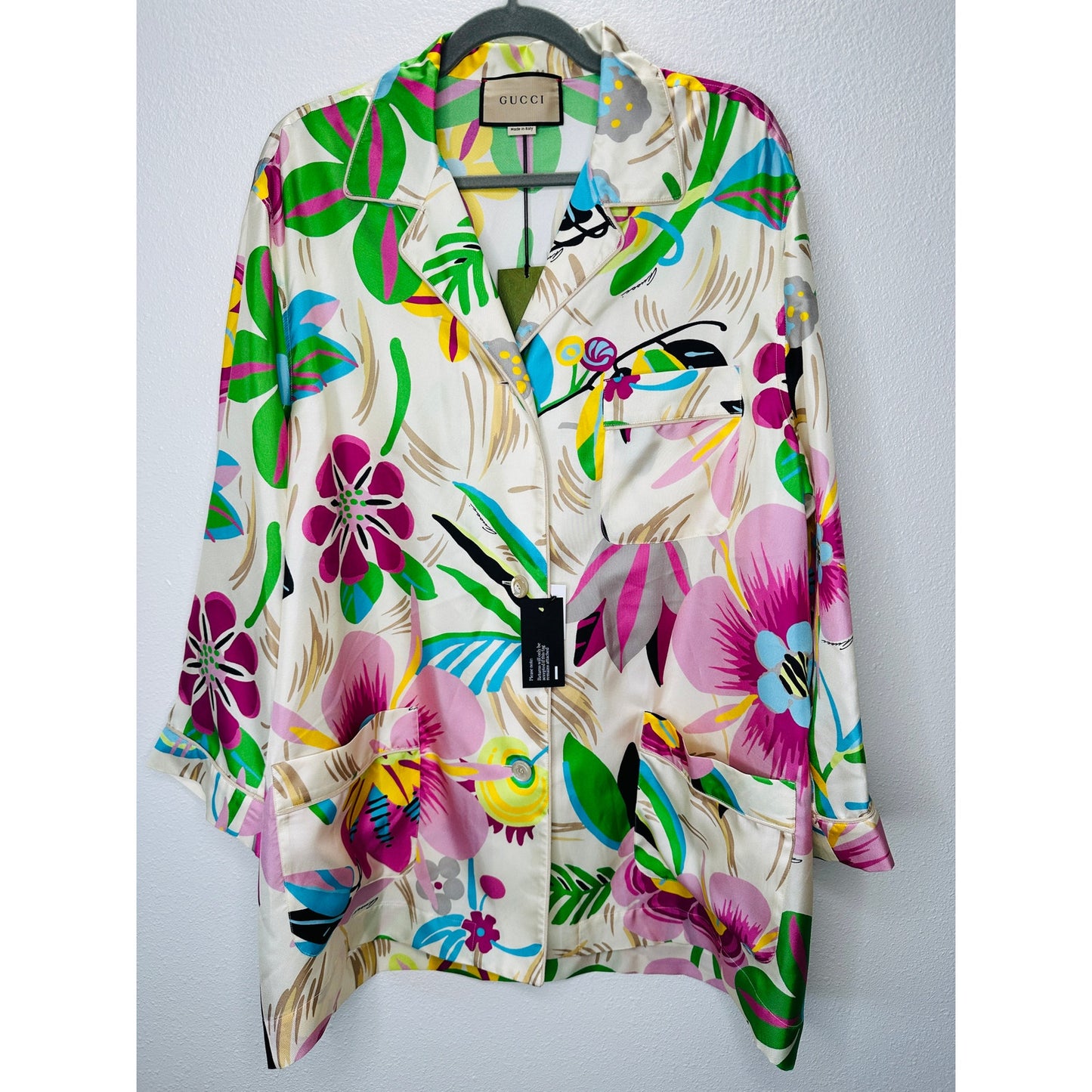 NWT Gucci Silk Tan Pink Blue Multi Floral Leaf Printed Blouse 46 / XL