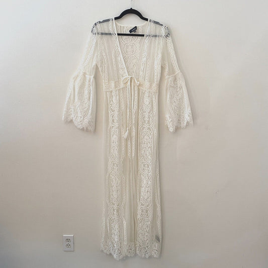 Sheer White Oval Shape Floral Lace Maxi Kimono Flutter Sleeve Beach Cover Up M