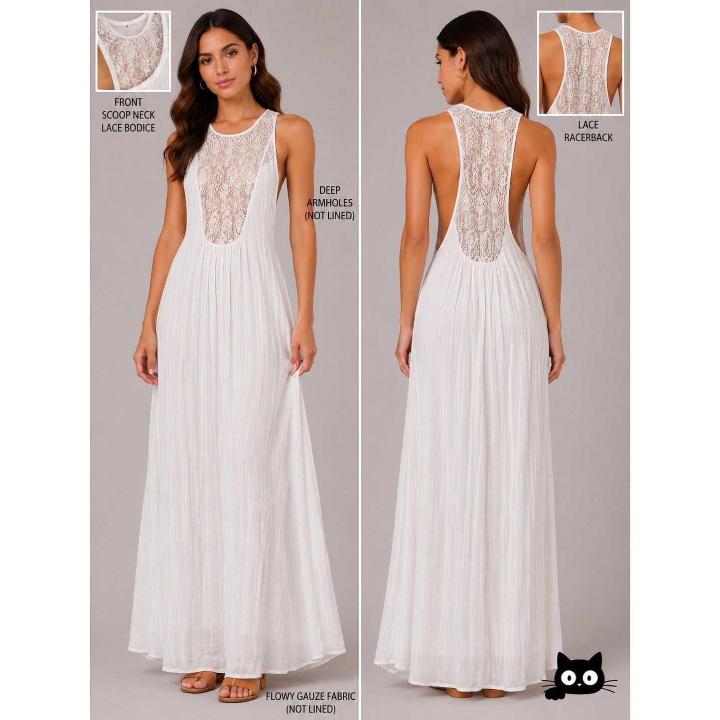Lovestitch White Ivory Gauze Maxi Dress Lace Racerback Boho Cover Up