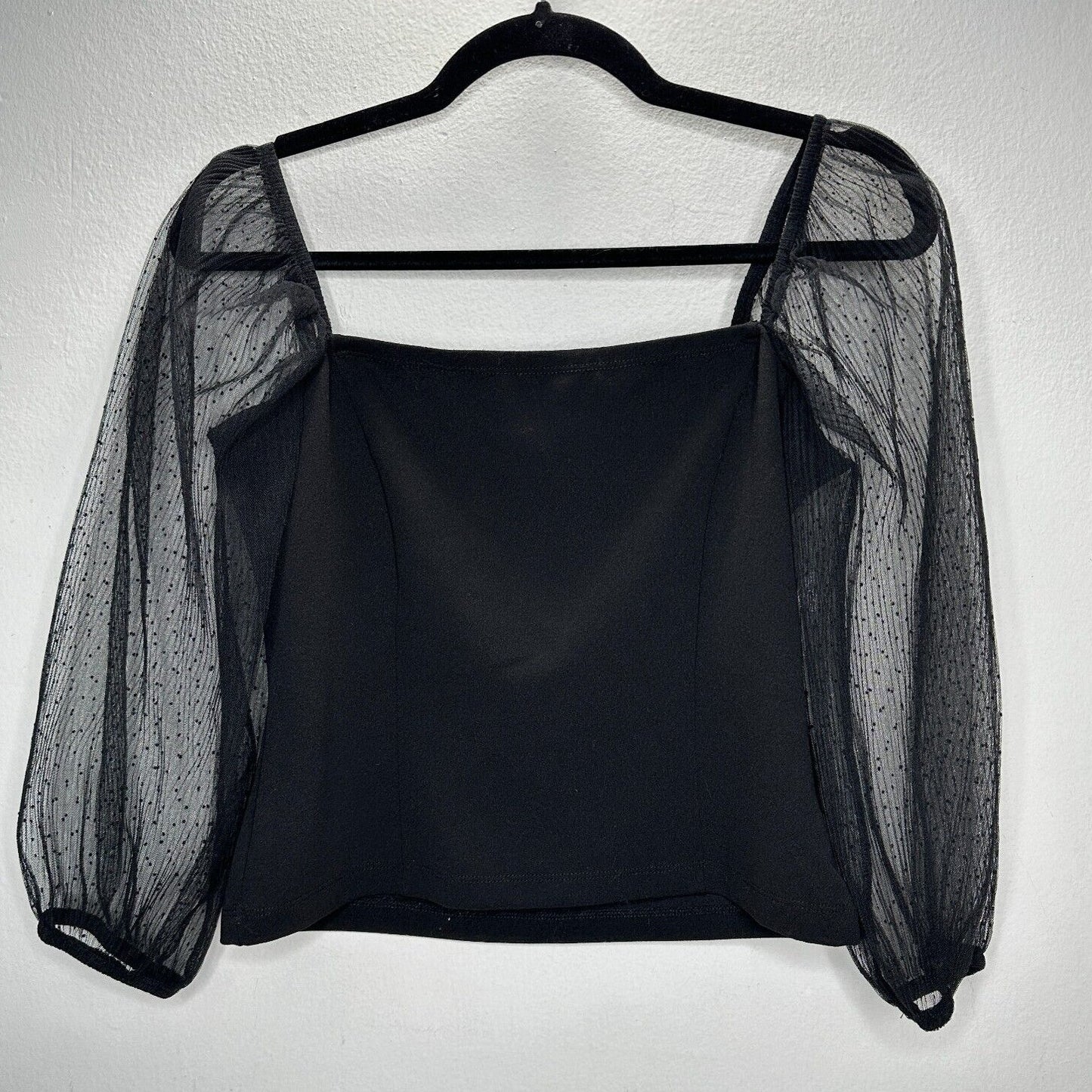 Socialite Black Square Neck Sheer Polka Dot Mesh Balloon Sleeve Crop Top M