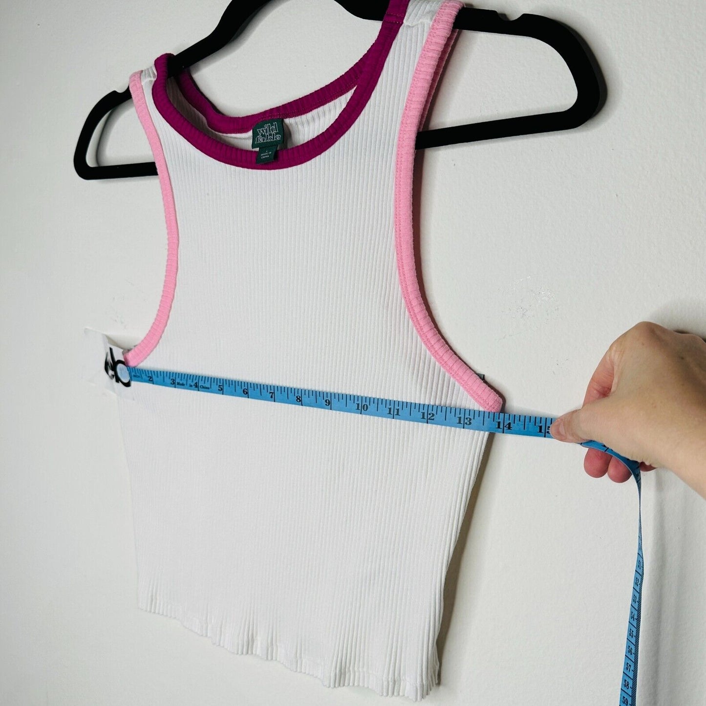 Wild Fable Sassy White Rib Knit Racer Tank Crop Top Pink & Purple Neck Trim L