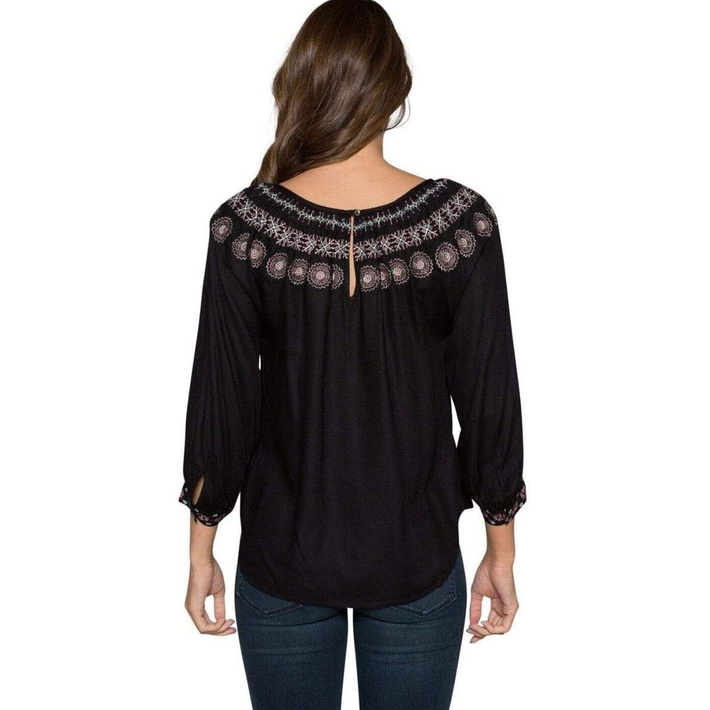 Velvet By Graham & Spencer Eva Black Peasant Top Pastel Embroidered Neck XS