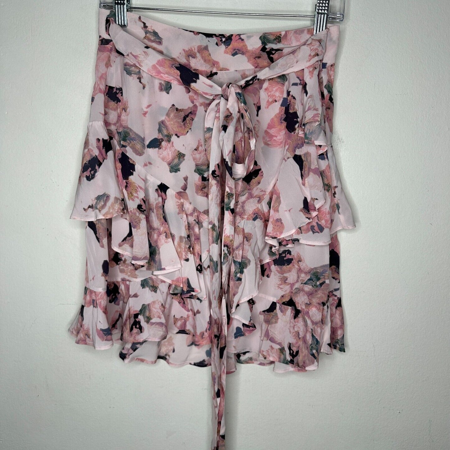Iro Floral Light Pink Abstract Daring Wrap Flowy Layered Ruffled Mini Skirt 40