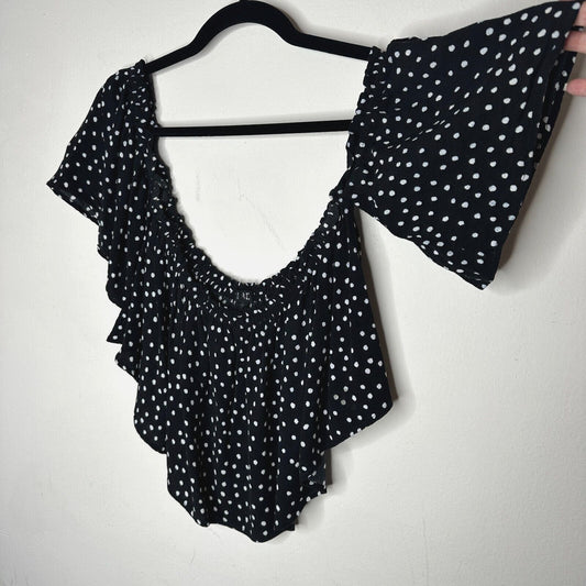Revolve NBD Cute Black & White Polka Dot Off-Shoulder Ruffled Crop Top Blouse L