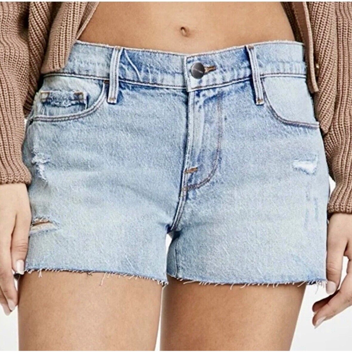 Frame Light Blue Medium Wash Kerouc Le Cutoff Raw Hem Front Zip Jean Shorts 31