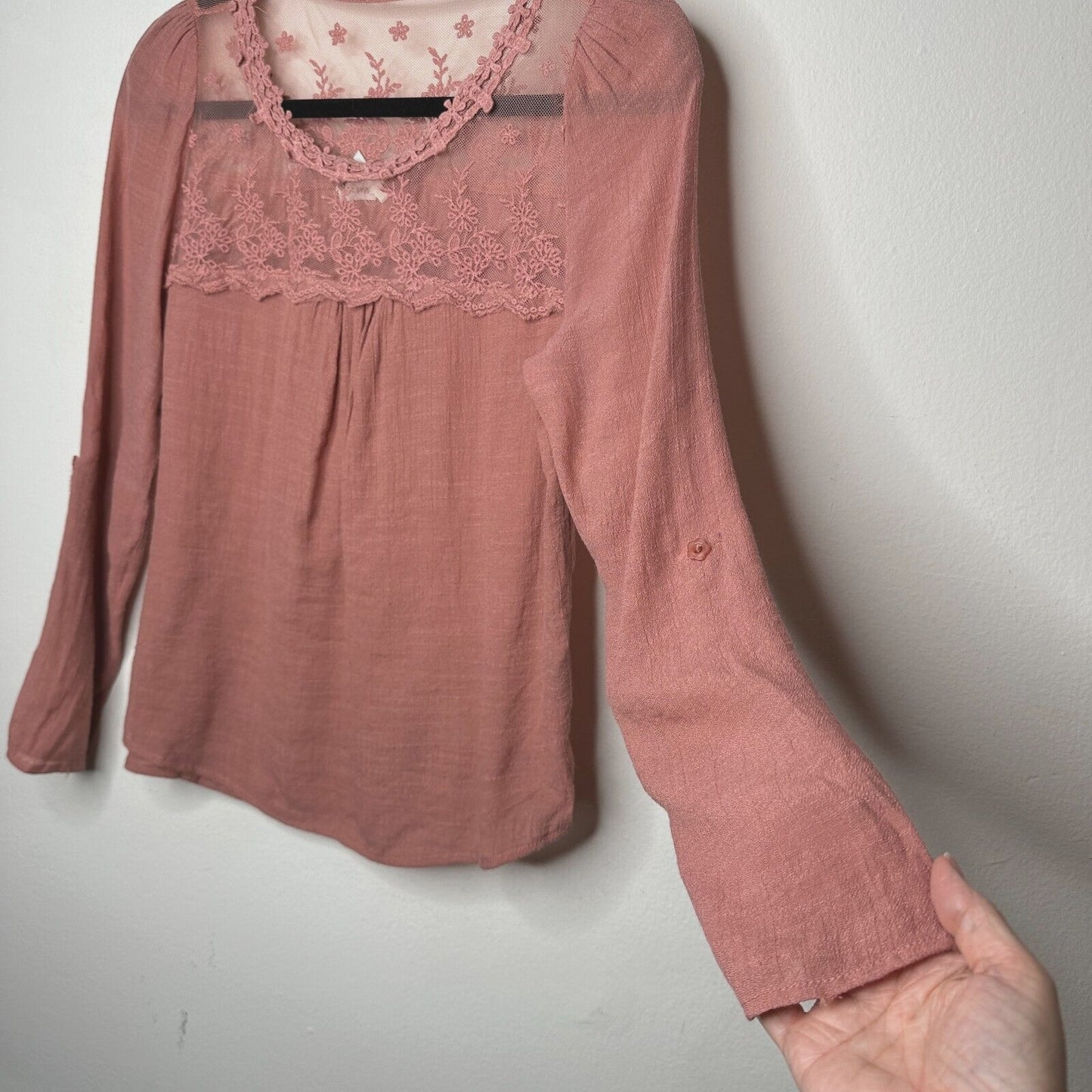Blu Pepper Pink Apricot Floral Lace Bodice Blouse Long Sleeve Roll Tab Sleeve S