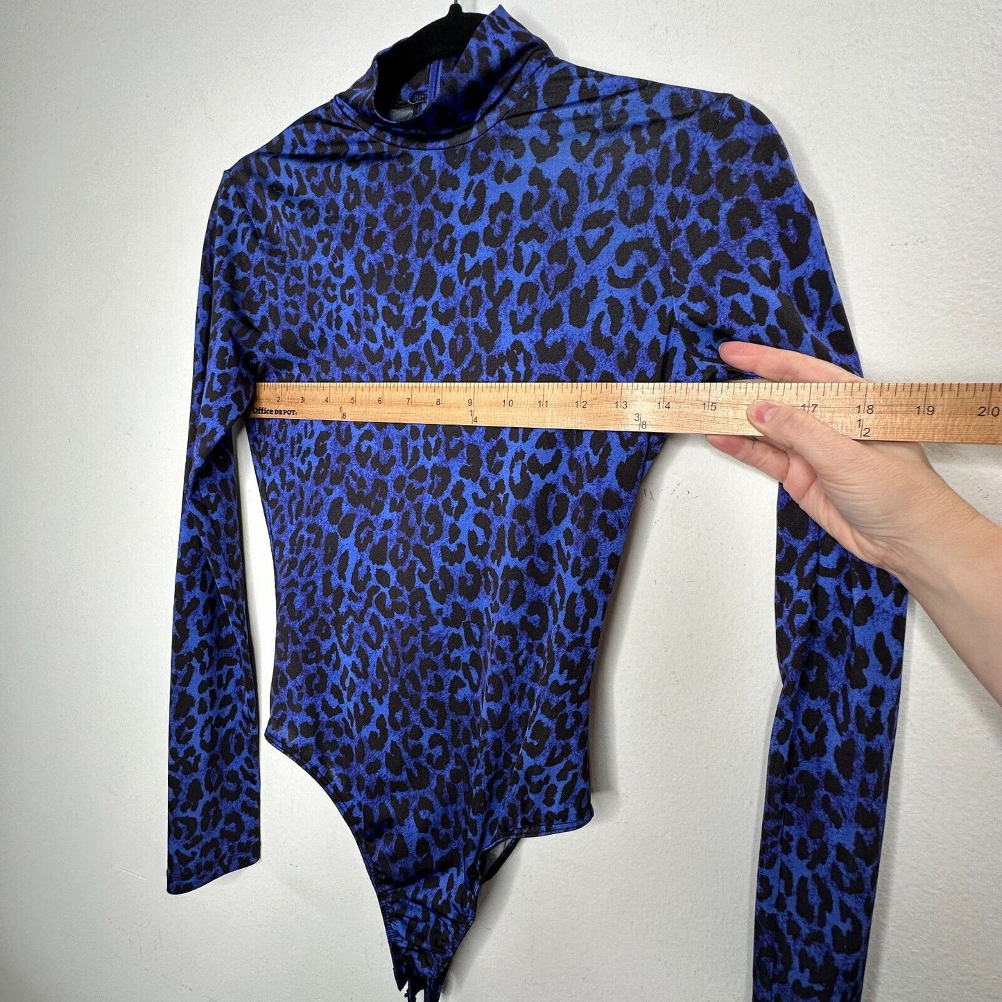 Topshop x Halpern Blue & Black Cheetah Mock Neck Back Zip Snap Bottom Bodysuit 2