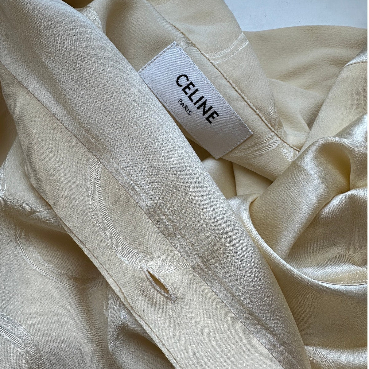 NWT Celine Pale Yellow Chemise Boyfriend Lavallieri Silk Chain Blouse 40 / L