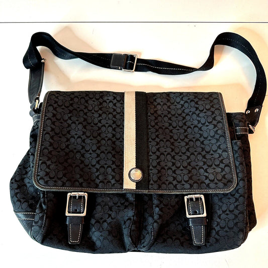 Coach Signature Black & Tan Voyager Messenger Buckled Shoulder Bag Blue Interior