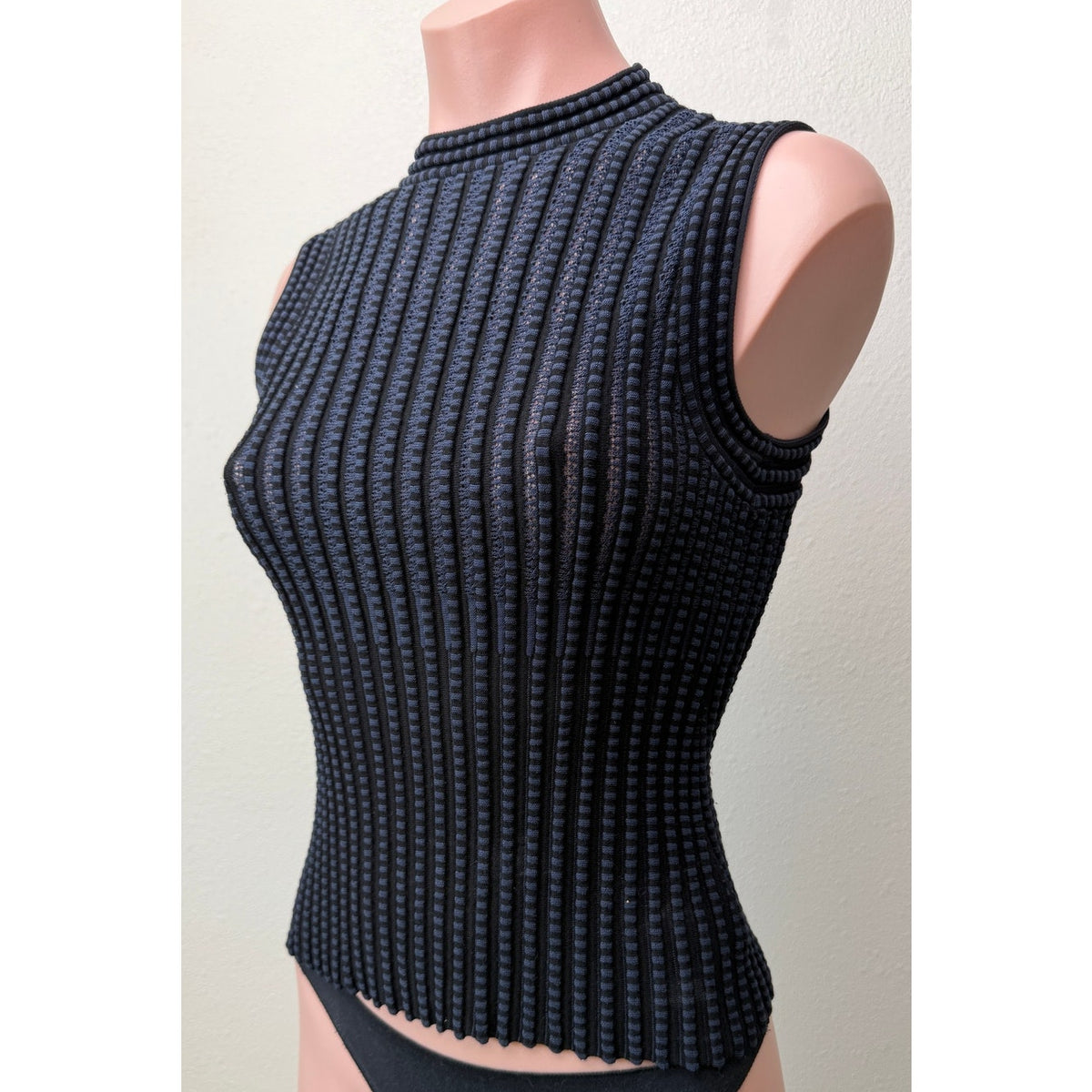 Theory Black Blue Stripe Ribbed Sleeveless Mock Neck Knit Top US S