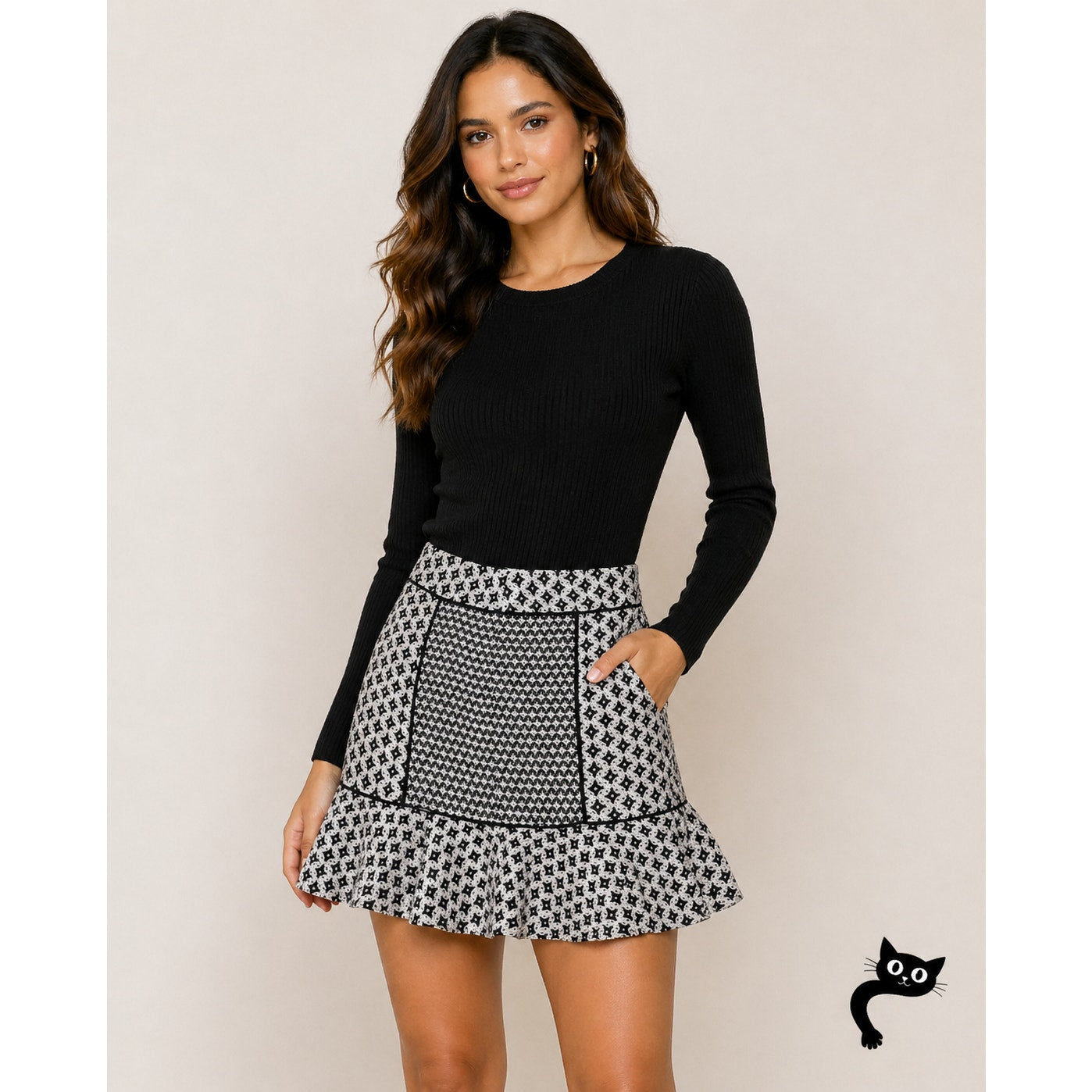 Ann Taylor Loft Black and White Geometric Ruffle Flair Peplum Mini Skirt 00P
