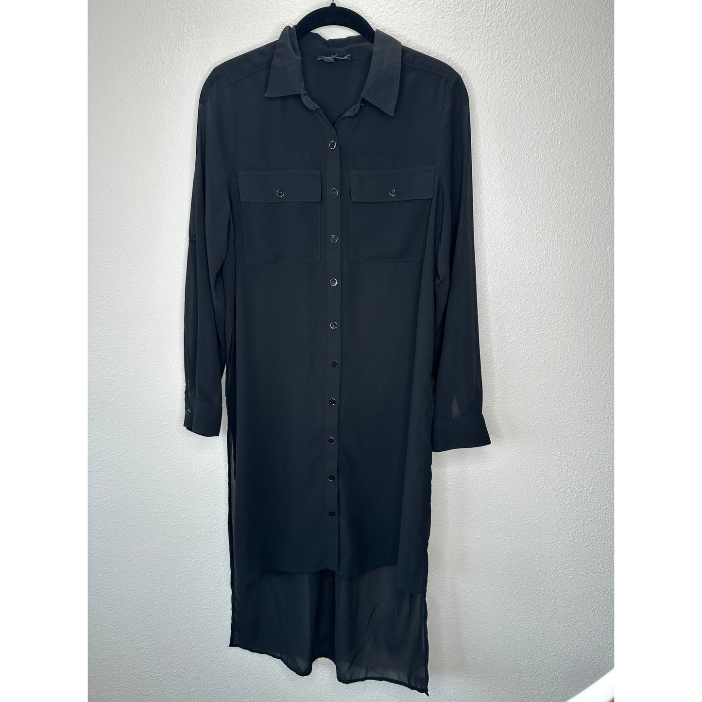 Comme Black Sheer Collared Front Button High Low Long Sleeve Shirtdress S / M