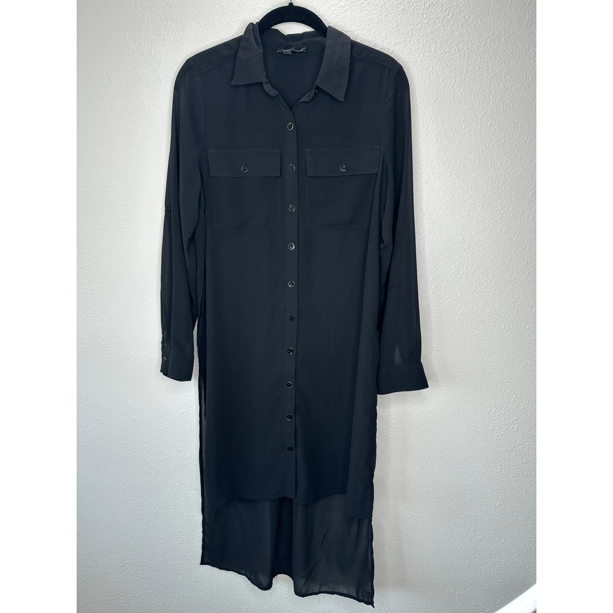 Comme Black Sheer Collared Front Button High Low Long Sleeve Shirtdress S / M