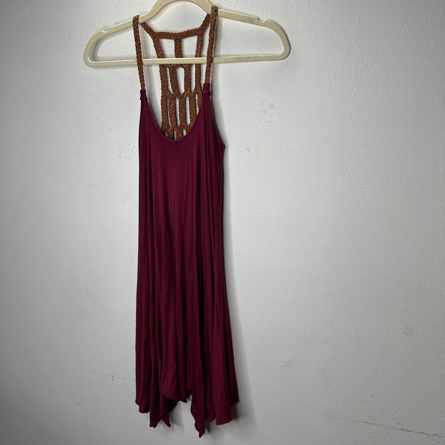 Sky Burgundy Scoop Neck Hand Braided Leather Design Back Strap Flowy Dress XS