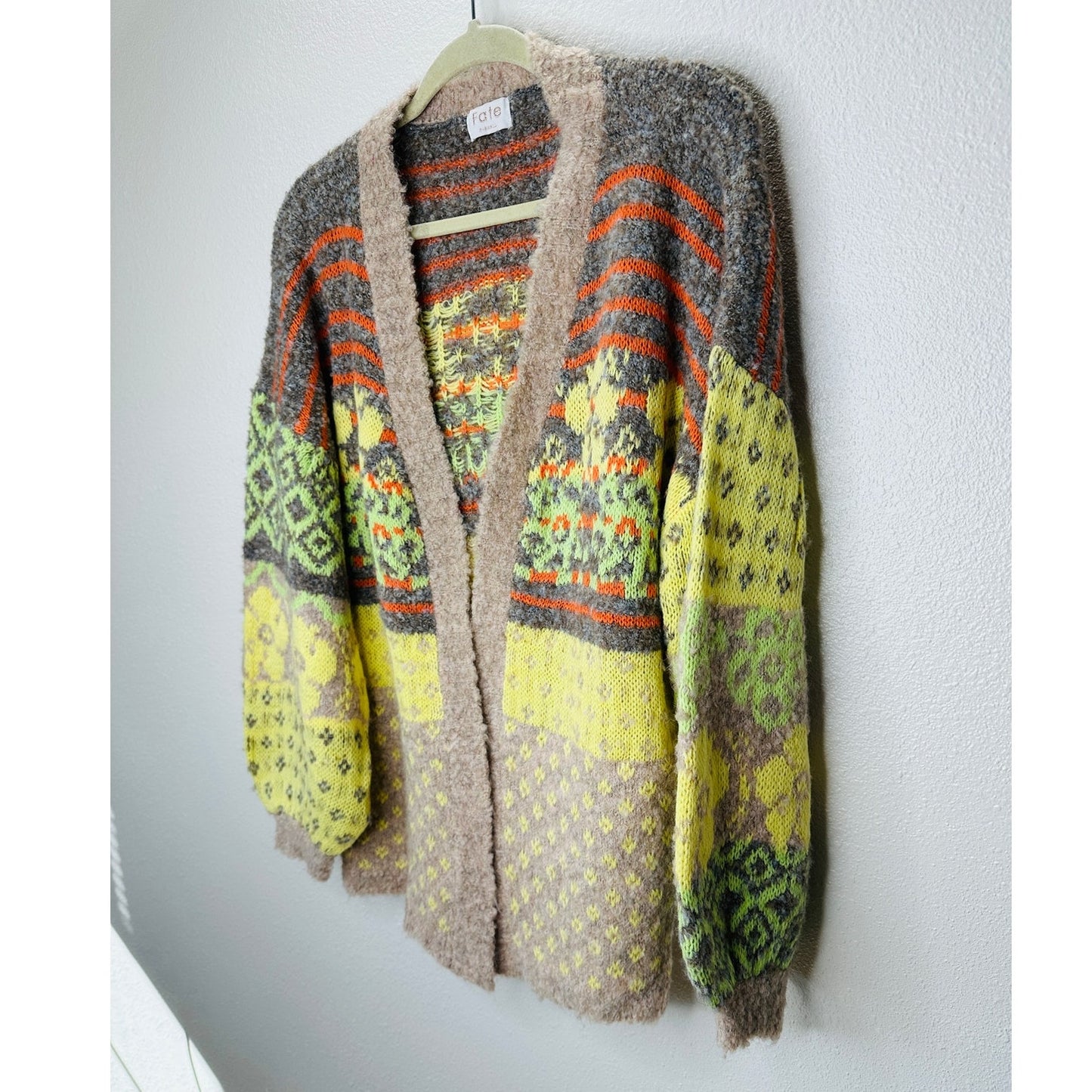 Fate Yellow Tan Gray Multi Floral & Stripe Print Open Front Cardigan XS