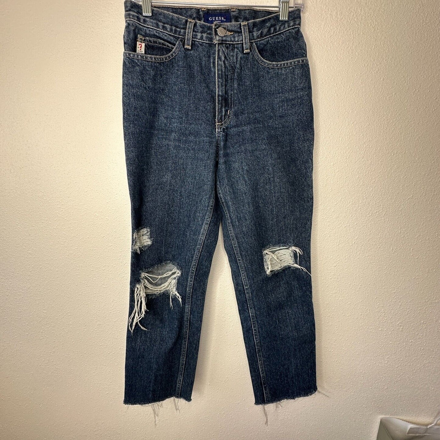 Guess Dark Blue Wash Distressed Slim Leg Raw Hem Denim Jeans 28