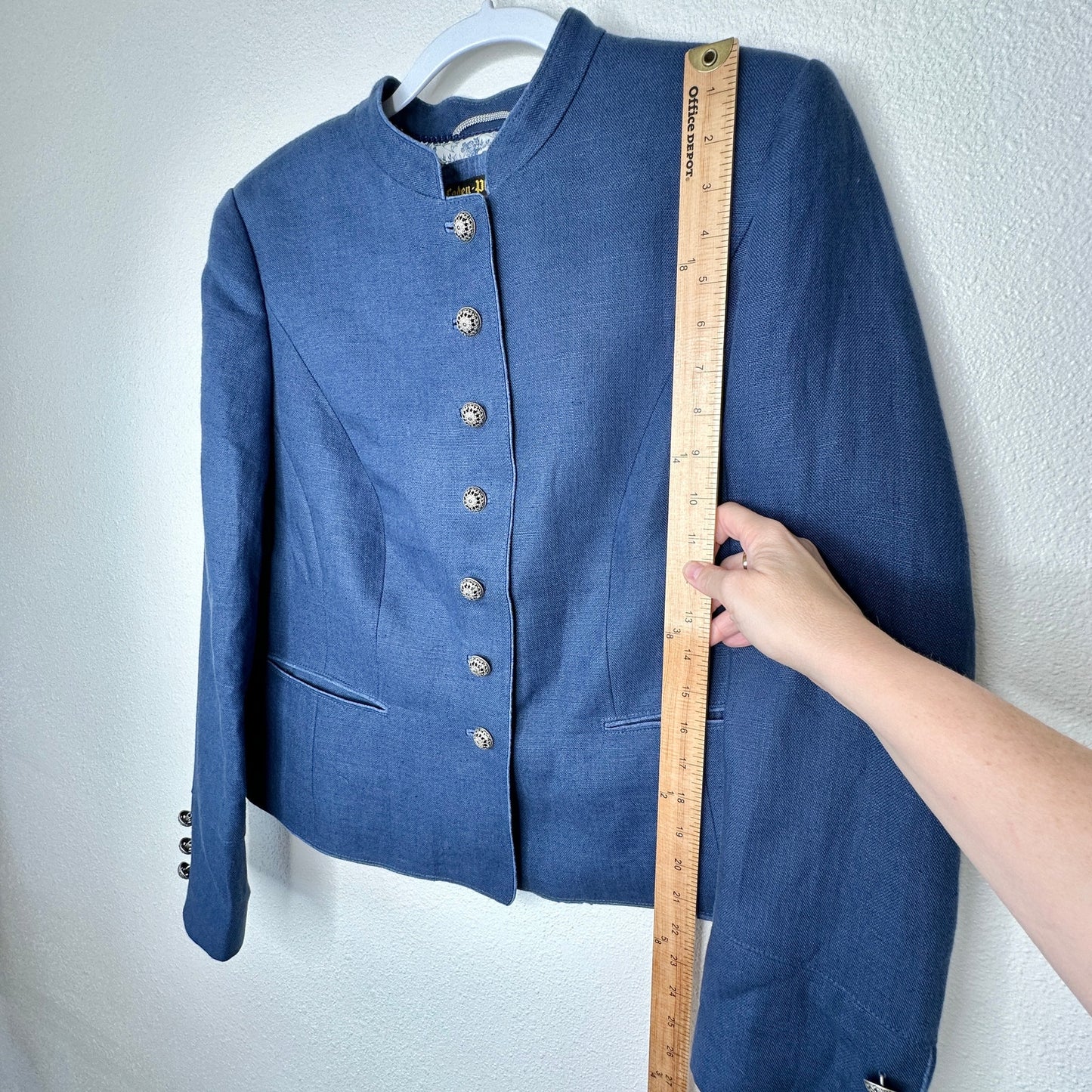 Loden Plankl Denim Blue Linen Band Neck Silver Floral Decorative Buttons Blazer Jacket