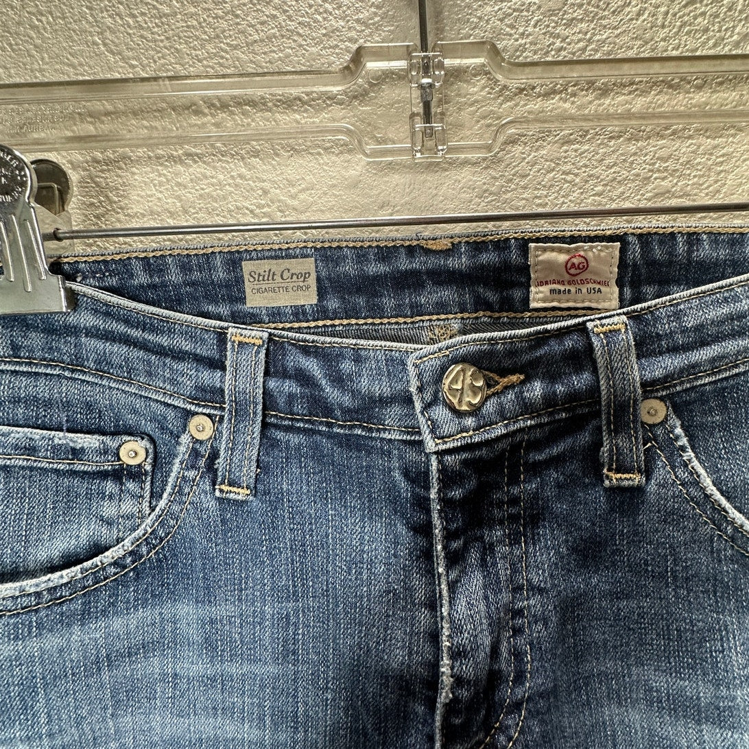 AG Medium Wash Whiskered Raw Hem Stilt Crop Cigarette Crop Jean 29