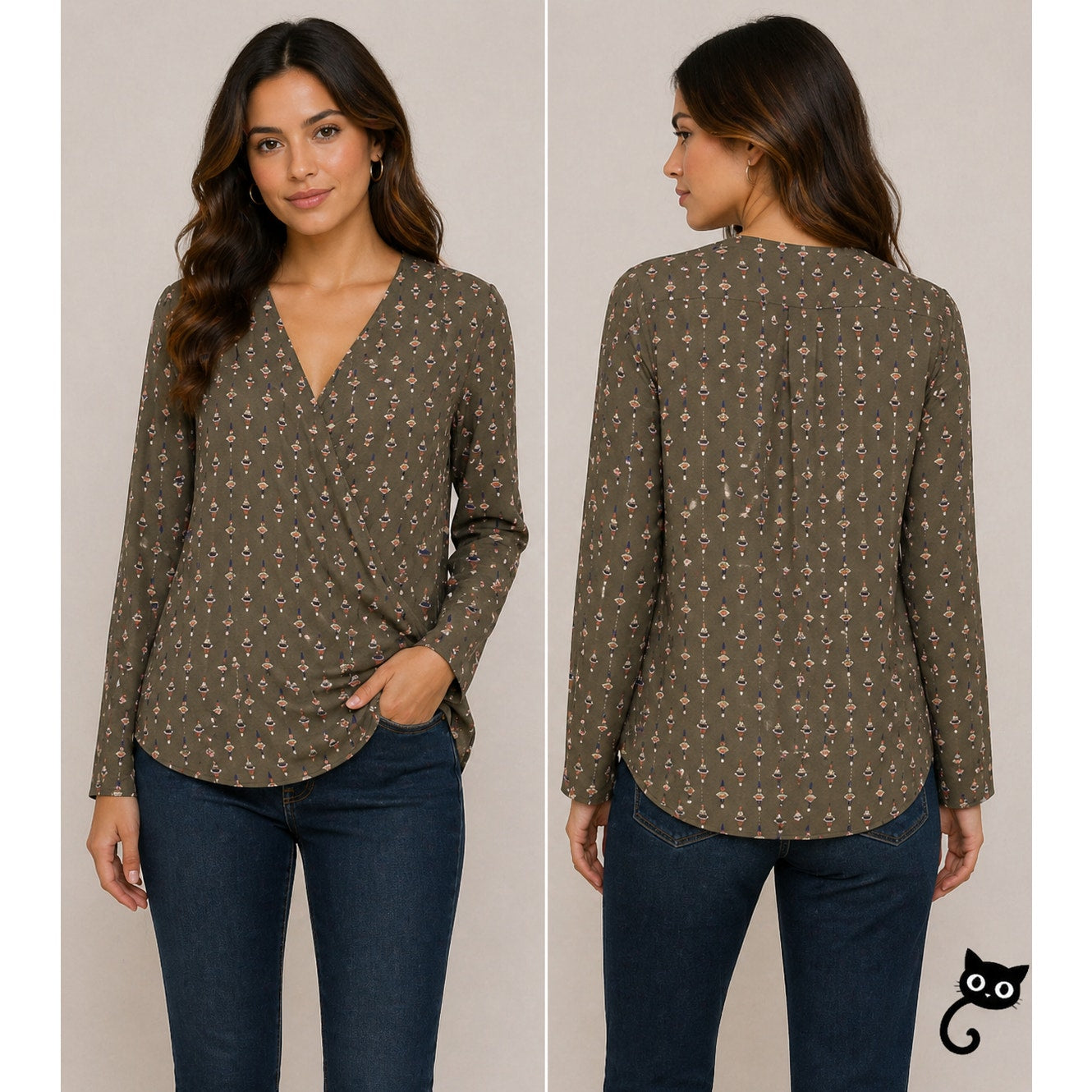 Allison Joy Faux-Wrap Brown Pink Blue Floral Print Design Long Sleeve Blouse XS