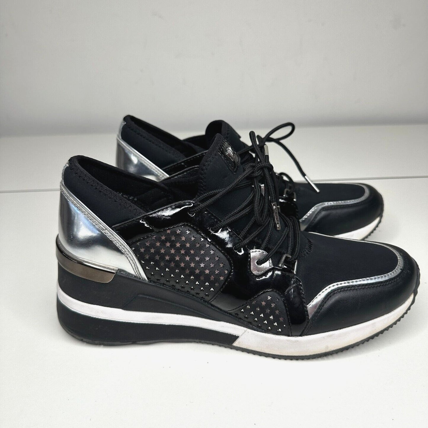 Michael Kors Black Scout Trainer Scuba Leather Wedge Sneaker Star Design 9