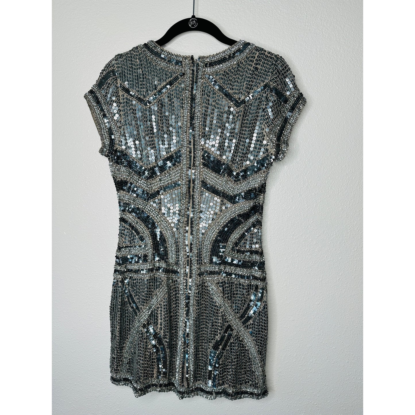 Parker Gray Silver & Rose Gold Sequin Aztec Print V-Neck Cap Sleeve Mini Dress S