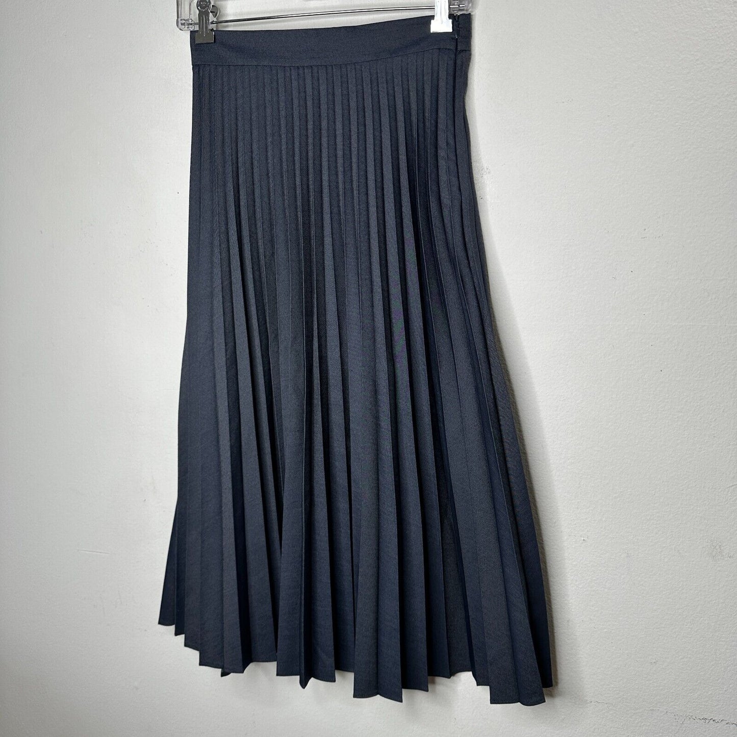 Zara Dark Blue Wash Box Pleated Denim Look Midi Skirt Waistband Side Zipper XS