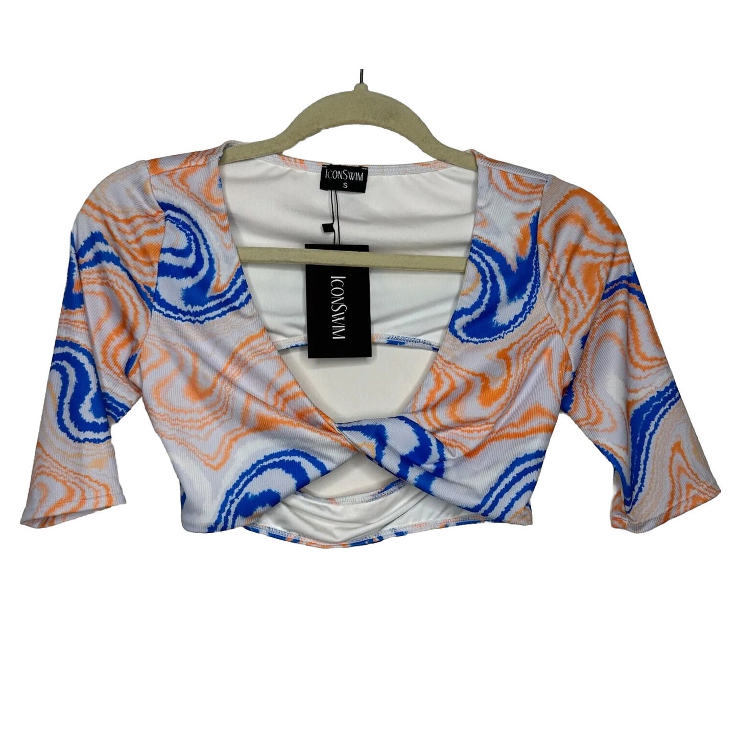 NWT Icon Swim White Blue Orange Sunset Dive Wave Print Twist Front Crop Top Small