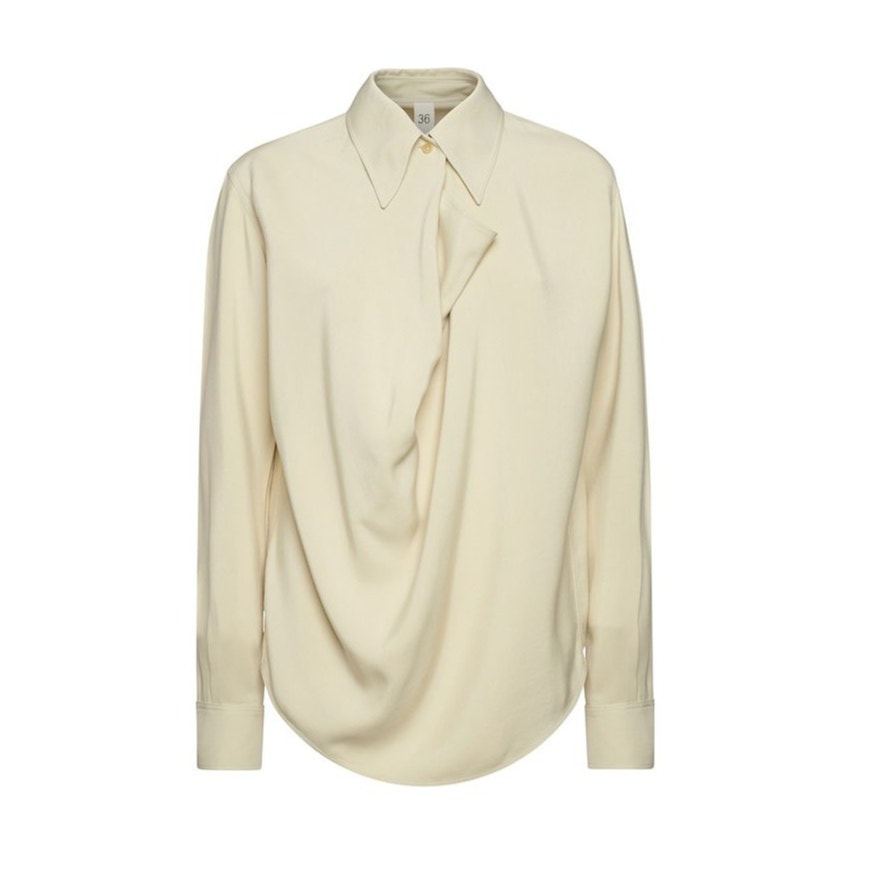 NWT Petar Petrov Lami Silk Blend Collared Draped Pleat Long Sleeve Blouse 44 / L