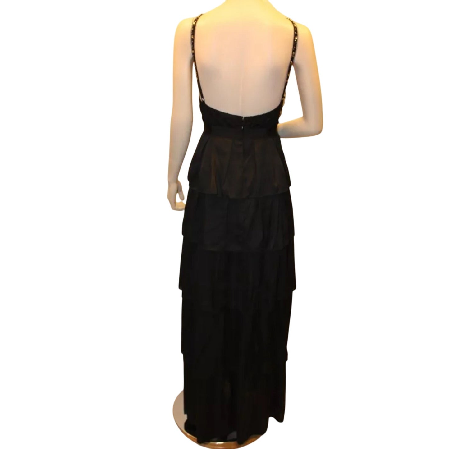 BCBGMAXAZRIA Black Lace Tiered Ruffle Low Back Keyhole Front Maxi Dress 4