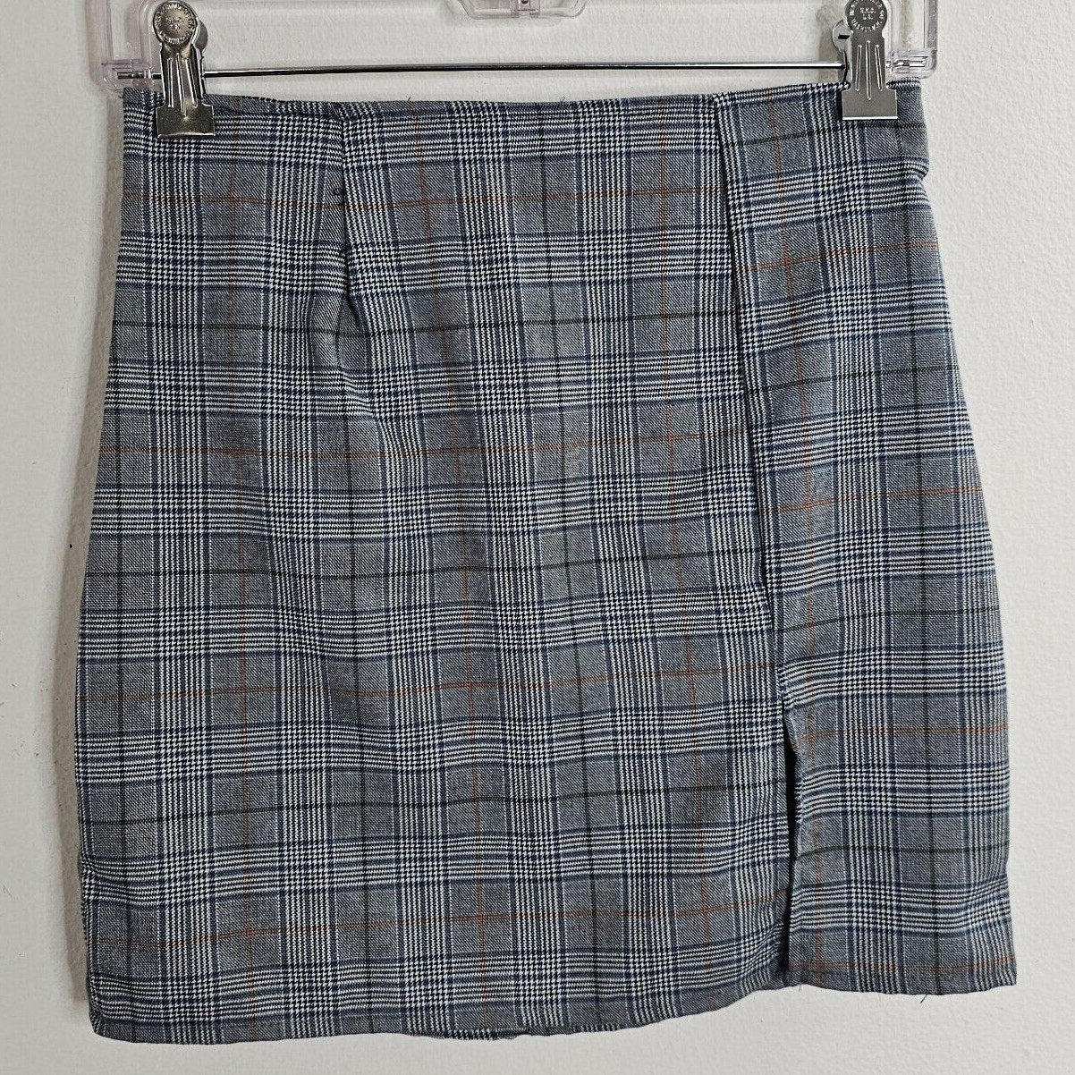 NWT Windsor Gray & Orange Plaid Print High Waist Side Slit Stretch Mini Skirt S
