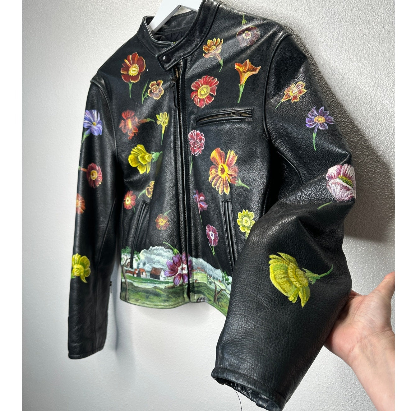 Libertine Hand-Painted Floral Skull Black Leather Moto Jacket M