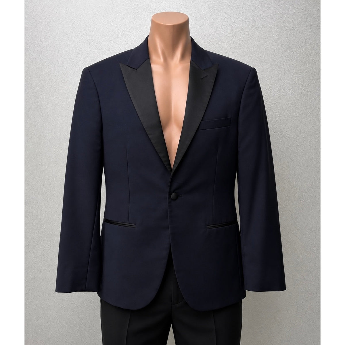 The Black Tux Navy Merino Wool Tuxedo Jacket Black Satin Peak Lapel Men's 40R
