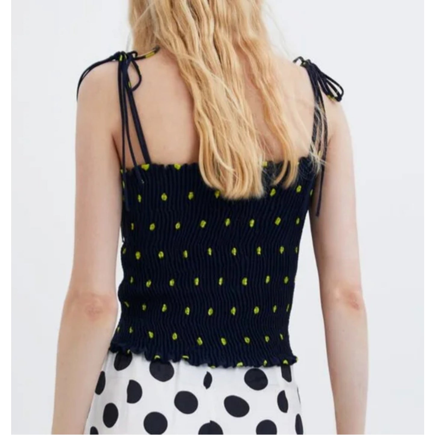 Zara Navy & Yellow Polka Dot Smocked Tube Top XS
