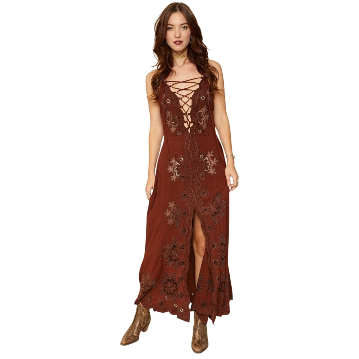 Cleobella Annie Chestnut Brown Lace Up Crochet Split Front Midi Dress XS