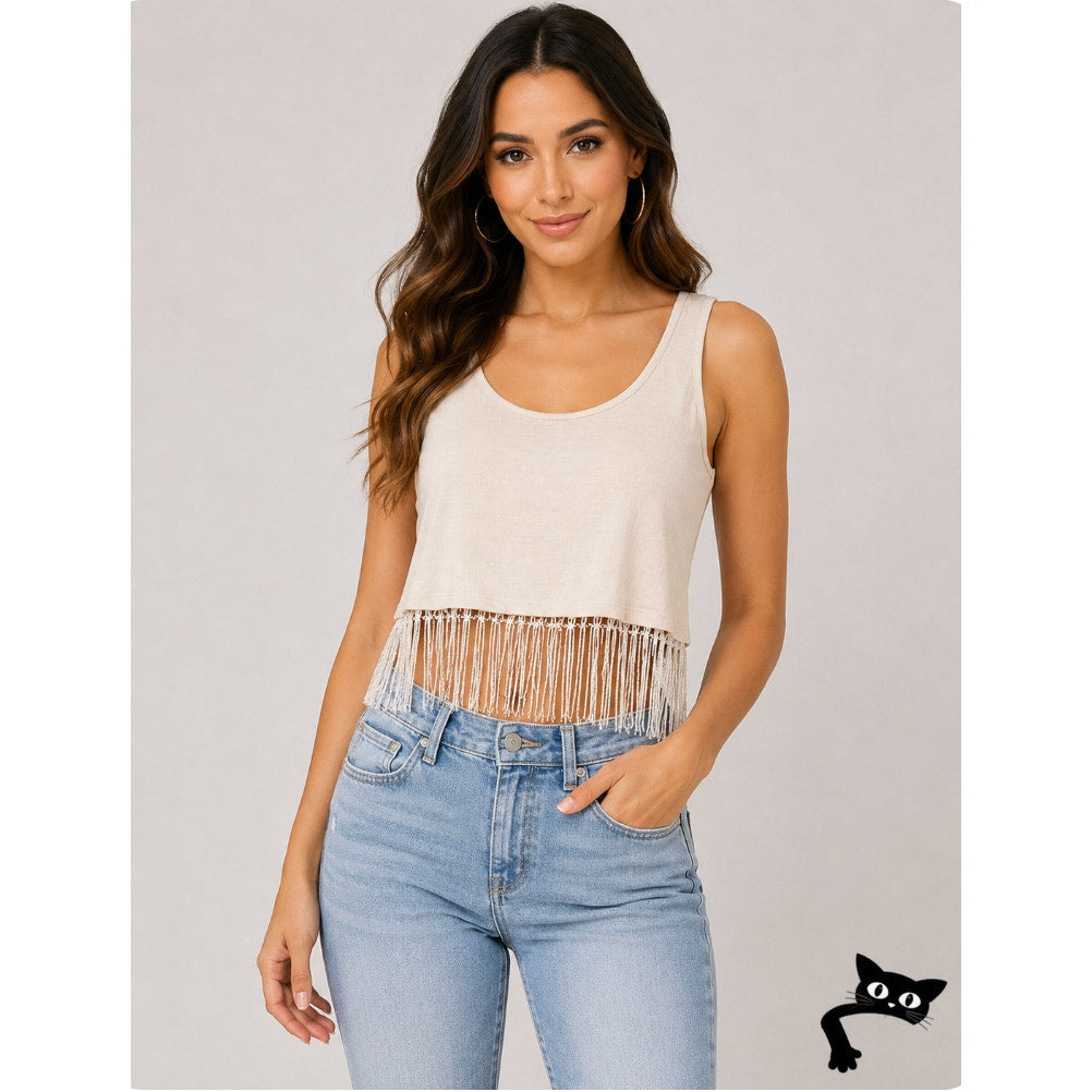 Heart & Hips Sleeveless Soft Cream Scoop Neck Braided Fringe Crop Top Tank S