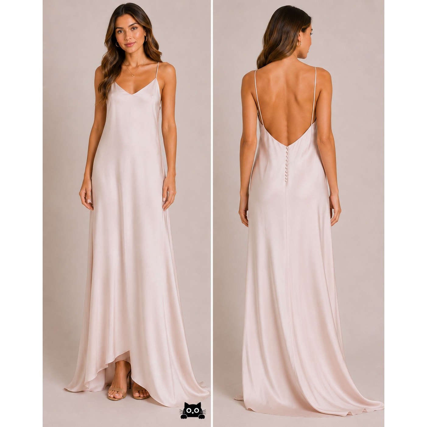 NWT Lovers + Friends The Slip Satin Maxi Dress Pink-Champagne Lined Back Button