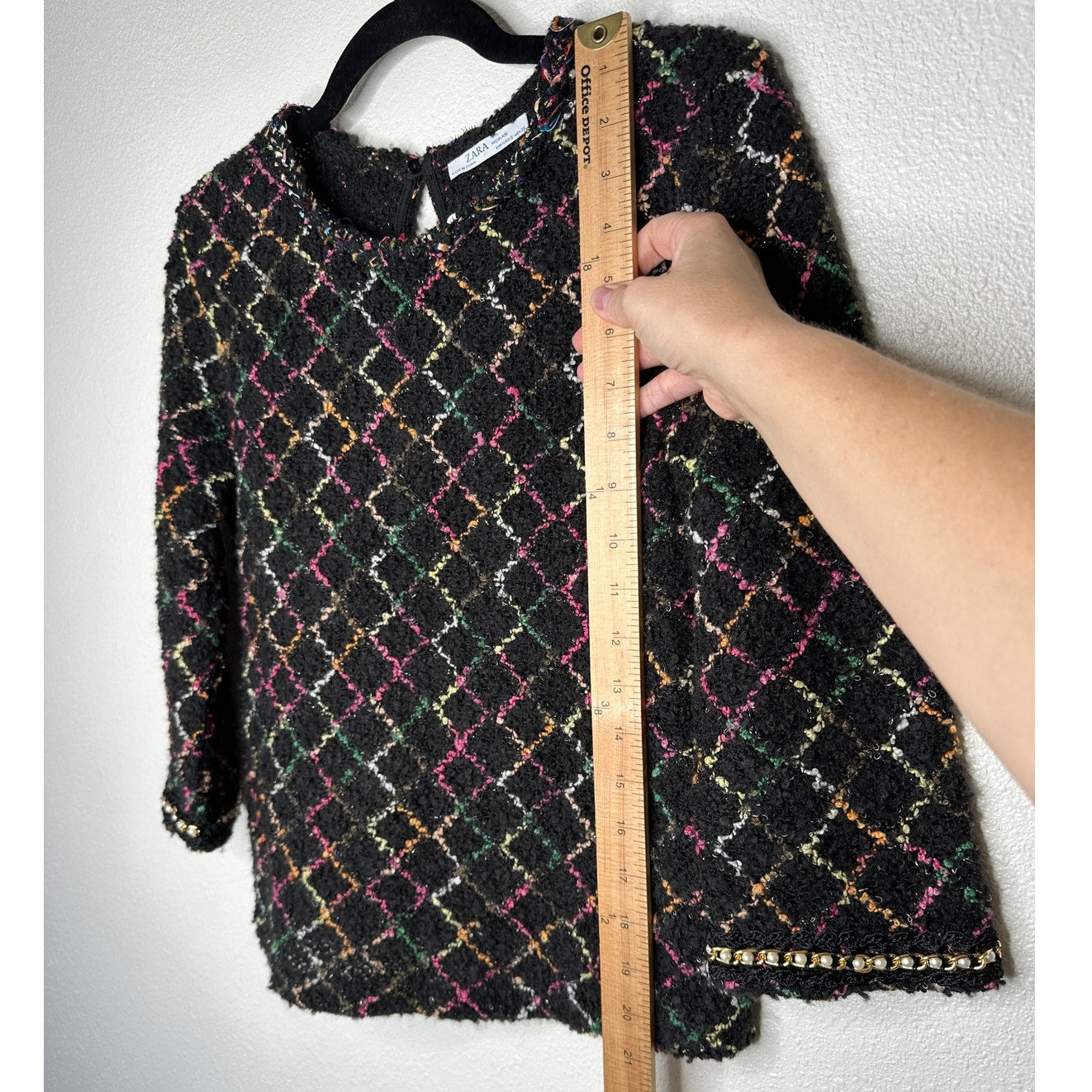 Zara Black Multicolor Boucle Knit Sweater with Pearl Detail on Sleeves Top S