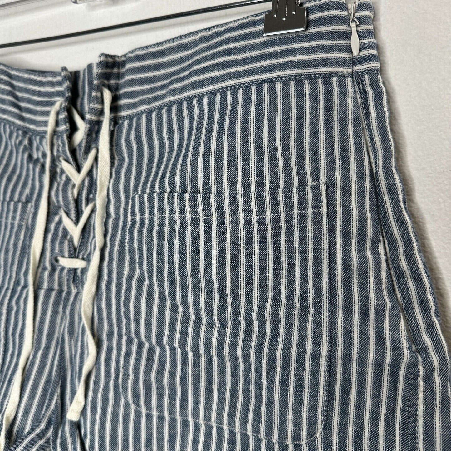 Madewell Jean Blue Off White Striped High Waist Patch Pockets Lace-Up Shorts 4